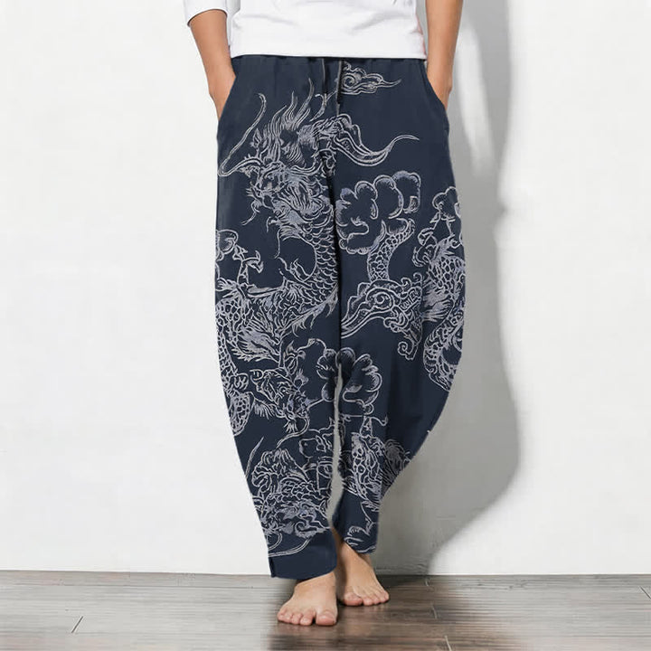 Buddha Stones Herrenhose aus reiner Baumwolle mit Drachen- und Wolkenmuster, Kordelzug, schmal zulaufendem Schnitt und Taschen - Marine - US/ UK/AU50, EU60 (5XL) - image 0