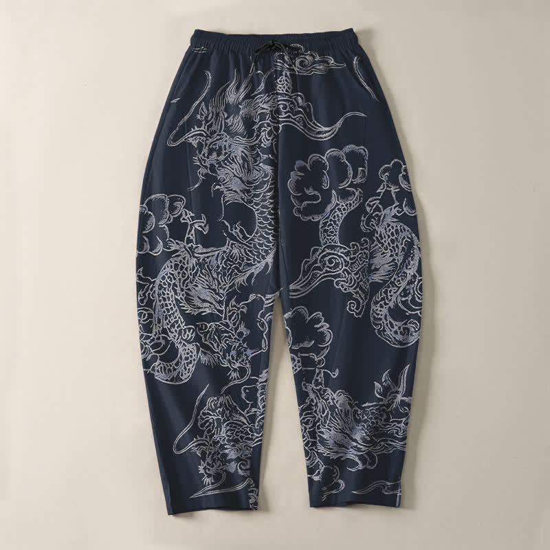 Buddha Stones Herrenhose aus reiner Baumwolle mit Drachen- und Wolkenmuster, Kordelzug, schmal zulaufendem Schnitt und Taschen - image 2