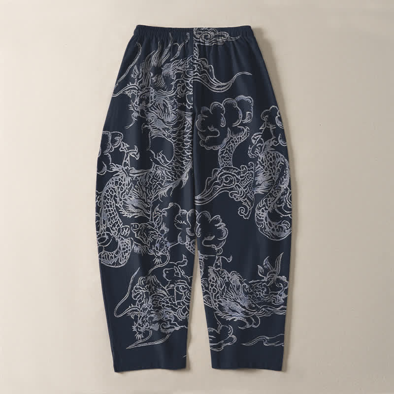 Buddha Stones Herrenhose aus reiner Baumwolle mit Drachen- und Wolkenmuster, Kordelzug, schmal zulaufendem Schnitt und Taschen - image 3