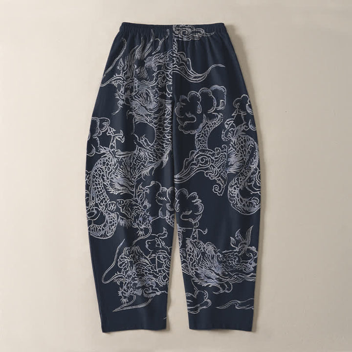 Buddha Stones Herrenhose aus reiner Baumwolle mit Drachen- und Wolkenmuster, Kordelzug, schmal zulaufendem Schnitt und Taschen - image 3