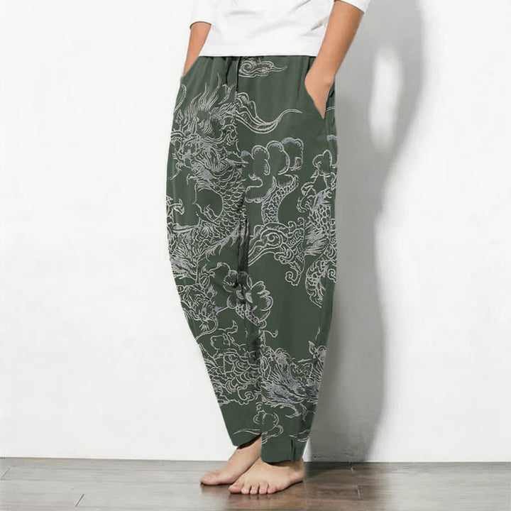 Buddha Stones Herrenhose aus reiner Baumwolle mit Drachen- und Wolkenmuster, Kordelzug, schmal zulaufendem Schnitt und Taschen - image 8