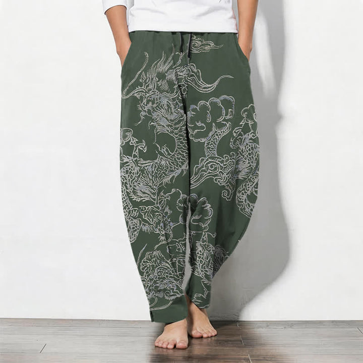Buddha Stones Herrenhose aus reiner Baumwolle mit Drachen- und Wolkenmuster, Kordelzug, schmal zulaufendem Schnitt und Taschen - Dunkelolivgrün - US/ UK/AU50, EU60 (5XL) - image 7