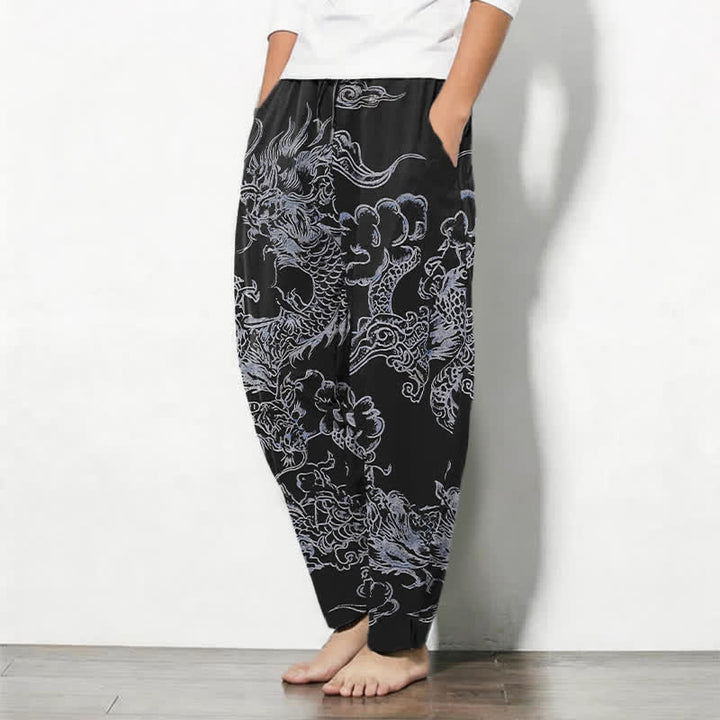 Buddha Stones Herrenhose aus reiner Baumwolle mit Drachen- und Wolkenmuster, Kordelzug, schmal zulaufendem Schnitt und Taschen - image 12