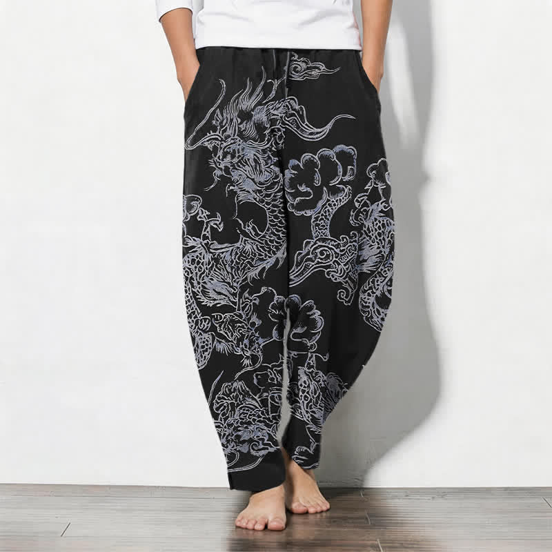 Buddha Stones Herrenhose aus reiner Baumwolle mit Drachen- und Wolkenmuster, Kordelzug, schmal zulaufendem Schnitt und Taschen - Schwarz - US/ UK/AU50, EU60 (5XL) - image 11