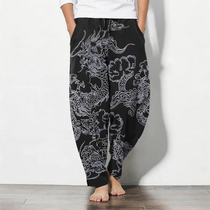 Buddha Stones Herrenhose aus reiner Baumwolle mit Drachen- und Wolkenmuster, Kordelzug, schmal zulaufendem Schnitt und Taschen - Schwarz - US/ UK/AU50, EU60 (5XL) - image 11
