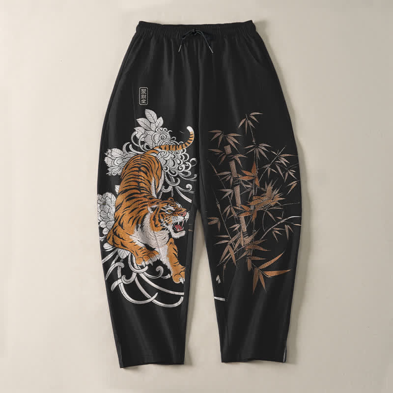 Buddha Stones Reine Baumwolle, Herrenhose mit Kordelzug, schmal zulaufendem Schnitt und Taschen, Muster „Brüllender Tiger“, Bambusmotiv, Tigermotiv, Kordelzug - image 13
