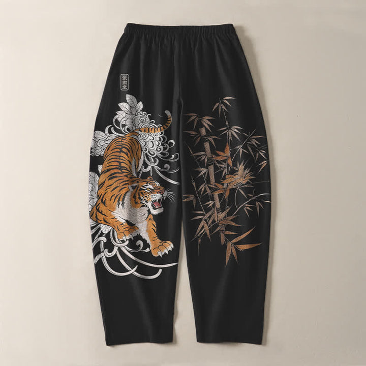 Buddha Stones Reine Baumwolle, Herrenhose mit Kordelzug, schmal zulaufendem Schnitt und Taschen, Muster „Brüllender Tiger“, Bambusmotiv, Tigermotiv, Kordelzug - image 14
