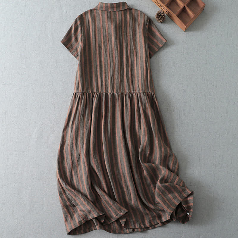 Buddha Stones Sommerliches, lässiges Vintage-Kleid für Damen mit Knopfleiste, Streifenmuster, kurzen Ärmeln und Tasche - image 5