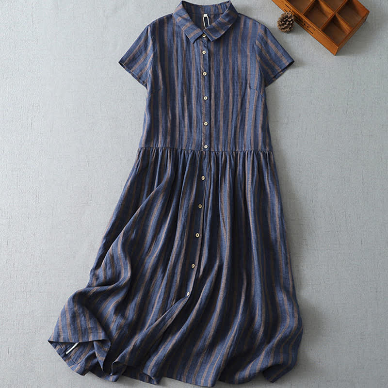 Buddha Stones Sommerliches, lässiges Vintage-Kleid für Damen mit Knopfleiste, Streifenmuster, kurzen Ärmeln und Tasche - Marine - US12, UK/AU16, EU44 (2XL) - image 0