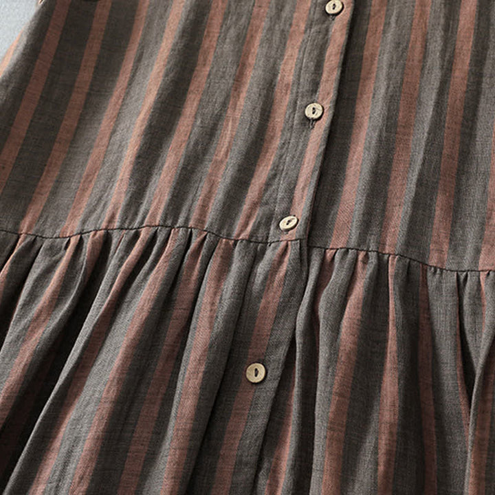 Buddha Stones Sommerliches, lässiges Vintage-Kleid für Damen mit Knopfleiste, Streifenmuster, kurzen Ärmeln und Tasche - image 8