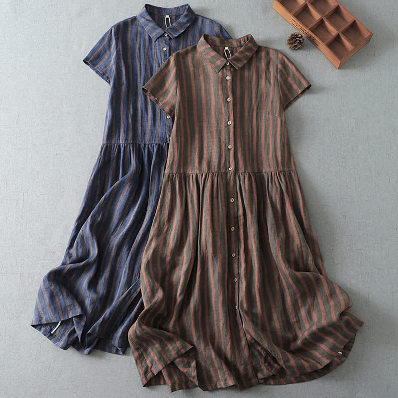 Buddha Stones Sommerliches, lässiges Vintage-Kleid für Damen mit Knopfleiste, Streifenmuster, kurzen Ärmeln und Tasche - image 15