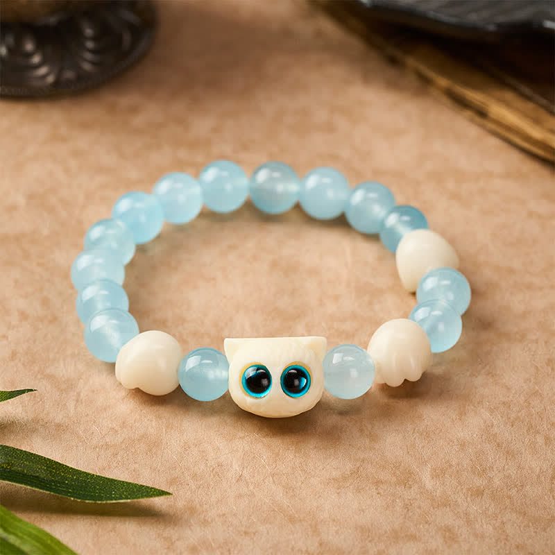 Buddha Stones Armband aus blauem Chalcedon mit handgeschnitzter Katzenperle (Reinheitssymbol) - Blauäugige Katze (Handgelenkumfang: 16–17 cm) - Blauer Chalcedon (Kreativität ♥ Optimismus) - image 0