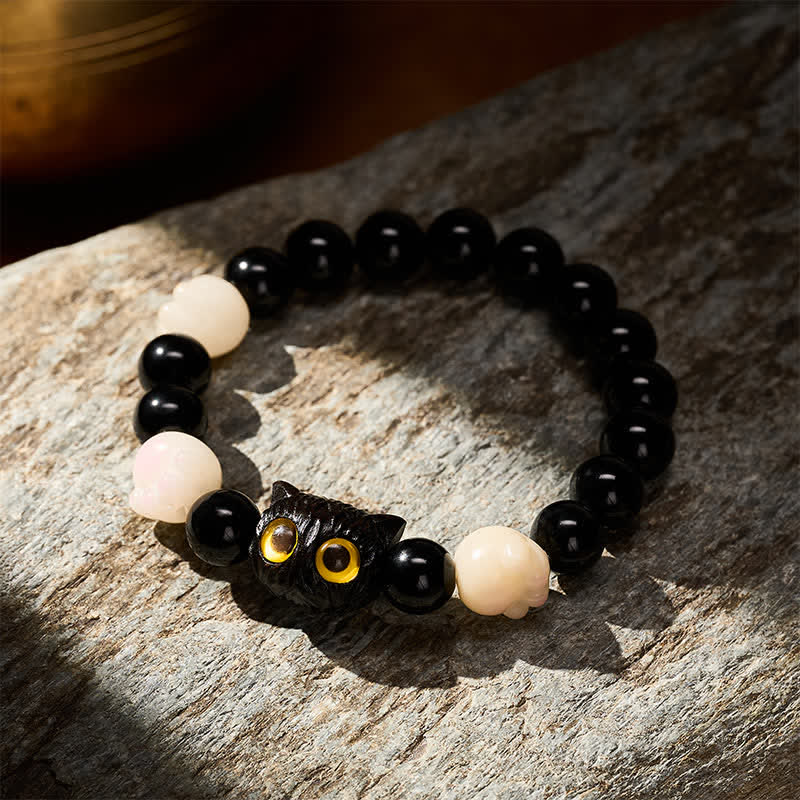 Buddha Stones Handgeschnitztes Armband aus schwarzem Obsidian mit gelbem Katzenkopf und Erdungsperlen - image 2