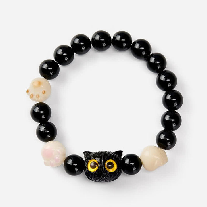 Buddha Stones Handgeschnitztes Armband aus schwarzem Obsidian mit gelbem Katzenkopf und Erdungsperlen - image 4