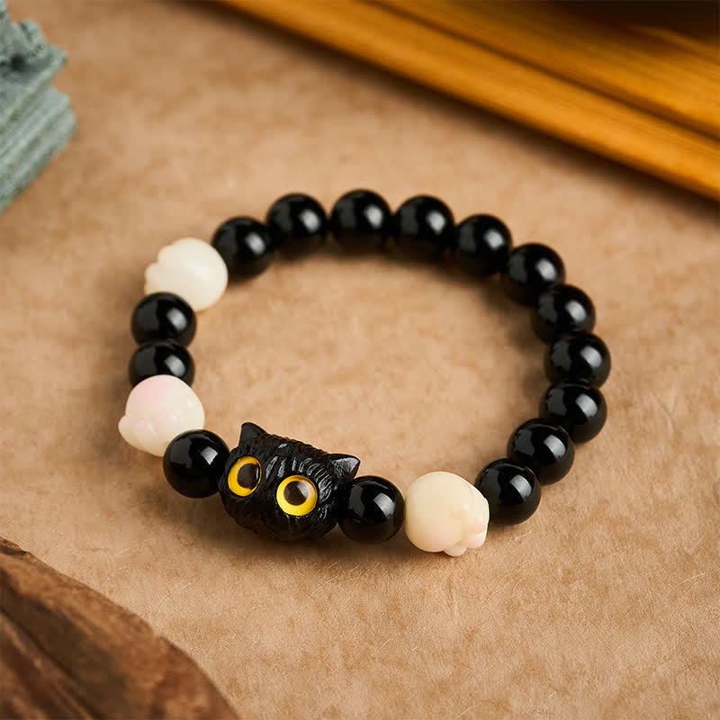 Buddha Stones Handgeschnitztes Armband aus schwarzem Obsidian mit gelbem Katzenkopf und Erdungsperlen - Schwarzer Obsidian (Reinigung ♥ Stärke) (Handgelenkumfang: 16–17 cm) - image 0