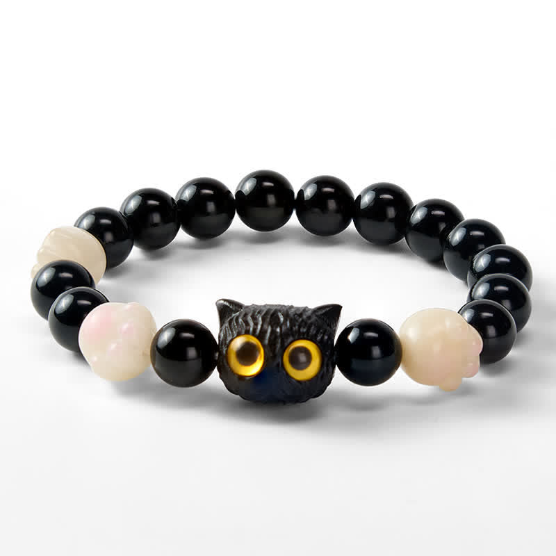 Buddha Stones Handgeschnitztes Armband aus schwarzem Obsidian mit gelbem Katzenkopf und Erdungsperlen - image 3