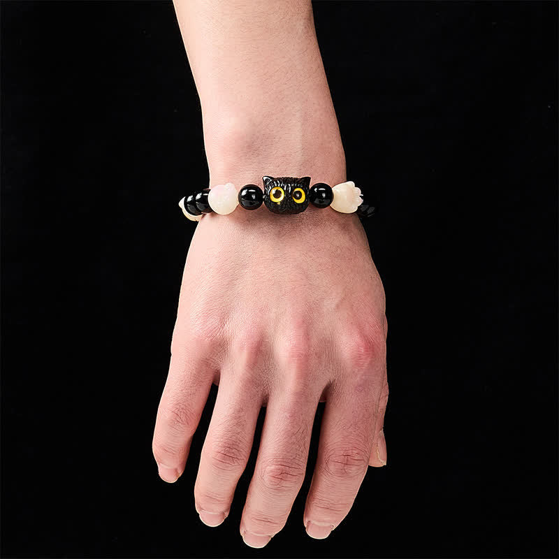 Buddha Stones Handgeschnitztes Armband aus schwarzem Obsidian mit gelbem Katzenkopf und Erdungsperlen - image 6