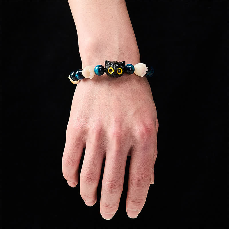 Buddha Stones Armband mit blauer Tigeraugen-Perle, niedlicher handgeschnitzter Katze und Erdungsperlen - image 6
