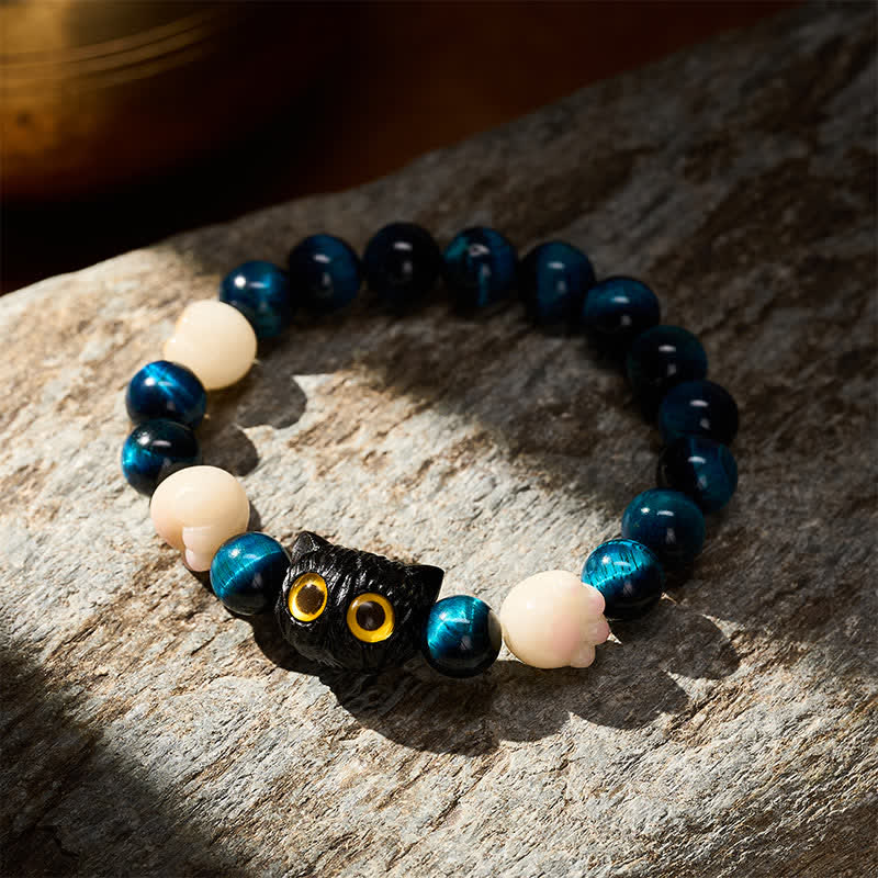 Buddha Stones Armband mit blauer Tigeraugen-Perle, niedlicher handgeschnitzter Katze und Erdungsperlen - image 2
