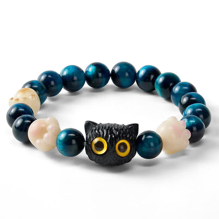 Buddha Stones Armband mit blauer Tigeraugen-Perle, niedlicher handgeschnitzter Katze und Erdungsperlen - image 3