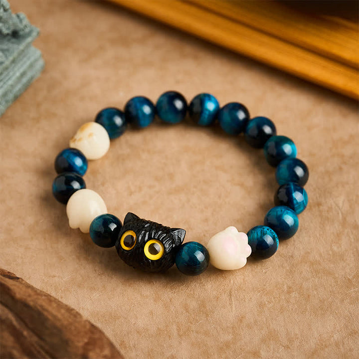 Buddha Stones Armband mit blauer Tigeraugen-Perle, niedlicher handgeschnitzter Katze und Erdungsperlen - Blaues Tigerauge (Schutz ♥ Balance) (Handgelenkumfang: 16–17 cm) - image 0
