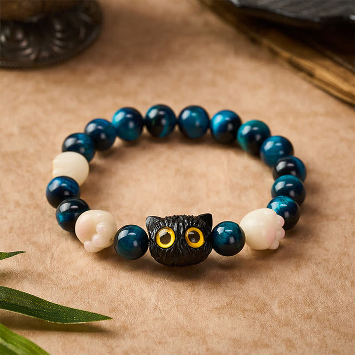 Buddha Stones Armband mit blauer Tigeraugen-Perle, niedlicher handgeschnitzter Katze und Erdungsperlen - image 1
