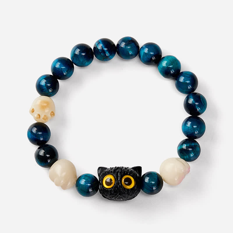 Buddha Stones Armband mit blauer Tigeraugen-Perle, niedlicher handgeschnitzter Katze und Erdungsperlen - image 4