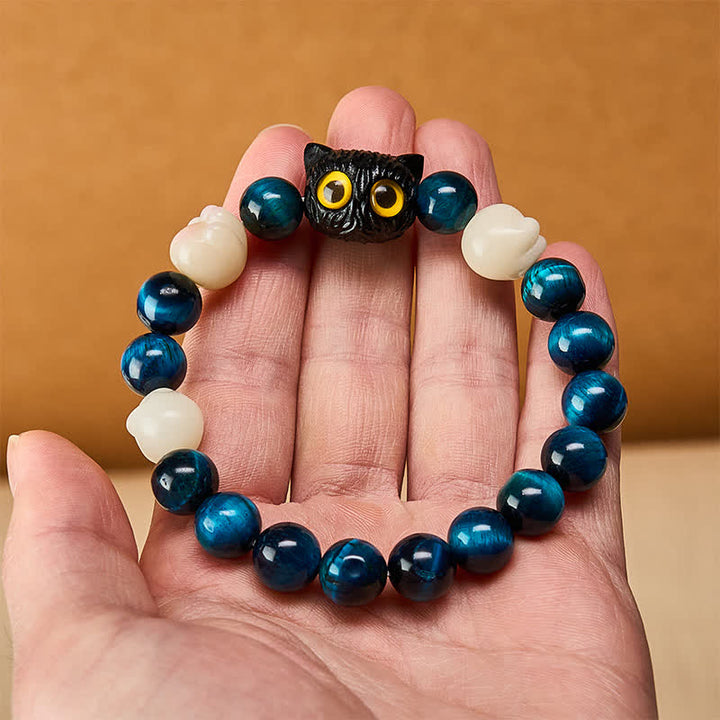 Buddha Stones Armband mit blauer Tigeraugen-Perle, niedlicher handgeschnitzter Katze und Erdungsperlen - image 5