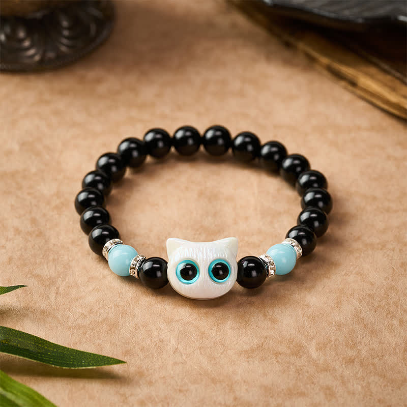 Buddha Stones Schwarzes Obsidian-Armband mit niedlicher Katze mit großen Augen zum Schutz der Katze, verziert mit Perlen - image 2