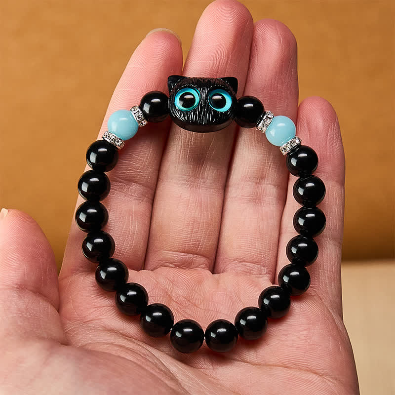 Buddha Stones Schwarzes Obsidian-Armband mit niedlicher Katze mit großen Augen zum Schutz der Katze, verziert mit Perlen - image 20
