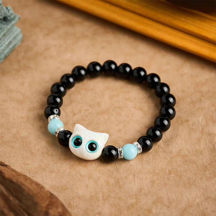 Buddha Stones Schwarzes Obsidian-Armband mit niedlicher Katze mit großen Augen zum Schutz der Katze, verziert mit Perlen - image 8