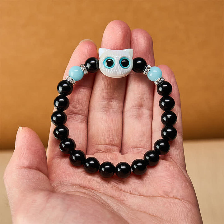 Buddha Stones Schwarzes Obsidian-Armband mit niedlicher Katze mit großen Augen zum Schutz der Katze, verziert mit Perlen - image 10