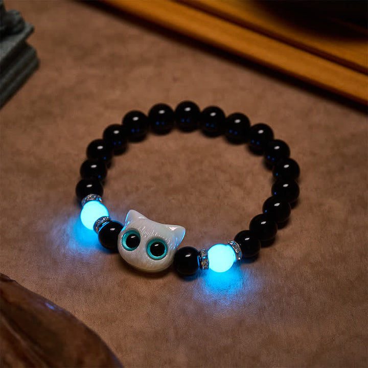 Buddha Stones Schwarzes Obsidian-Armband mit niedlicher Katze mit großen Augen zum Schutz der Katze, verziert mit Perlen - image 4