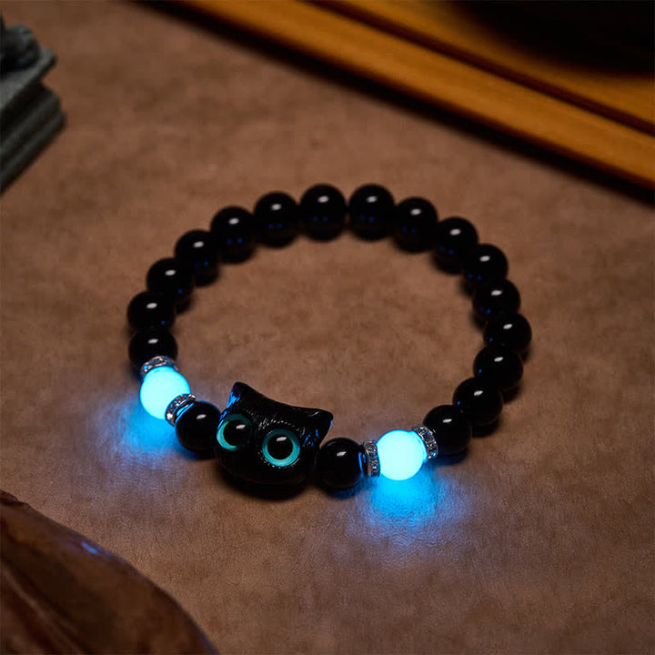 Buddha Stones Schwarzes Obsidian-Armband mit niedlicher Katze mit großen Augen zum Schutz der Katze, verziert mit Perlen - image 16