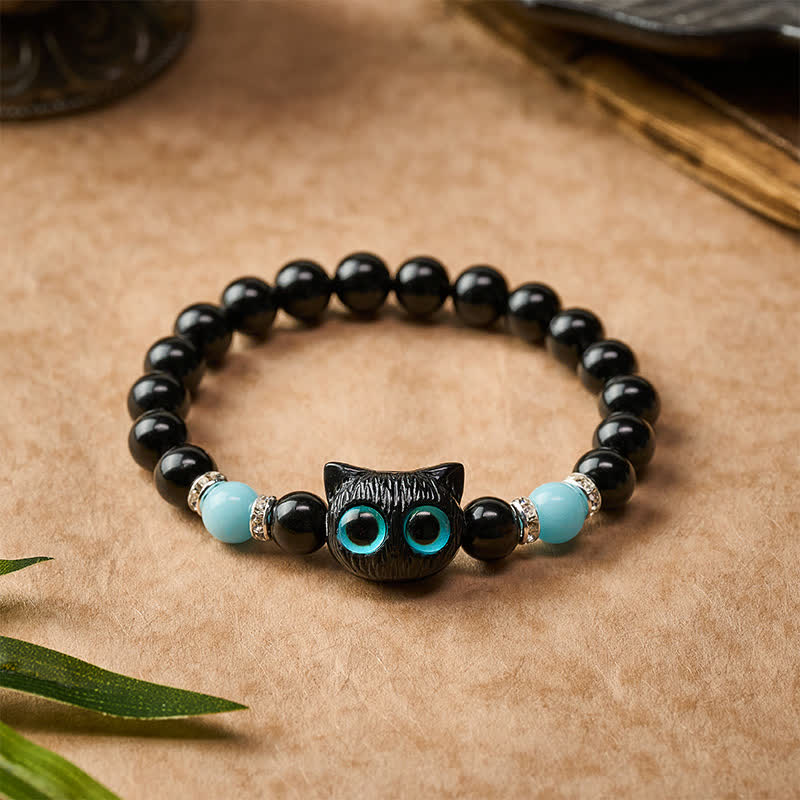 Buddha Stones Schwarzes Obsidian-Armband mit niedlicher Katze mit großen Augen zum Schutz der Katze, verziert mit Perlen - image 14