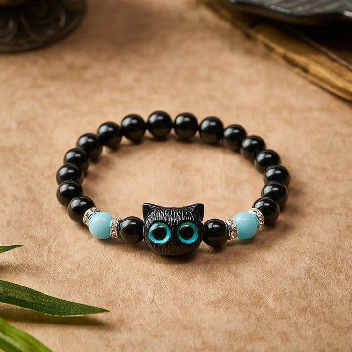 Buddha Stones Schwarzes Obsidian-Armband mit niedlicher Katze mit großen Augen zum Schutz der Katze, verziert mit Perlen - image 14