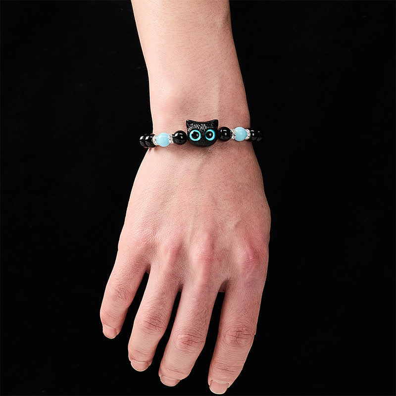 Buddha Stones Schwarzes Obsidian-Armband mit niedlicher Katze mit großen Augen zum Schutz der Katze, verziert mit Perlen - image 17