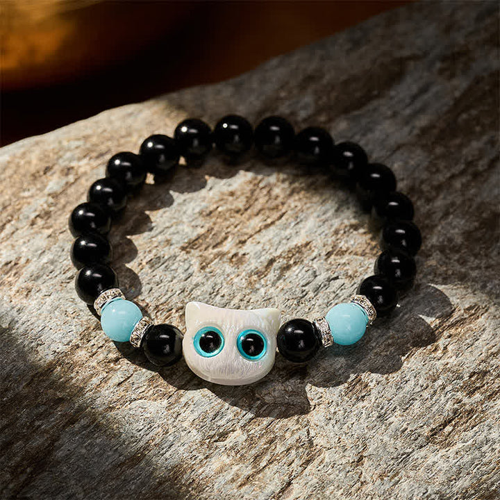 Buddha Stones Schwarzes Obsidian-Armband mit niedlicher Katze mit großen Augen zum Schutz der Katze, verziert mit Perlen - image 3