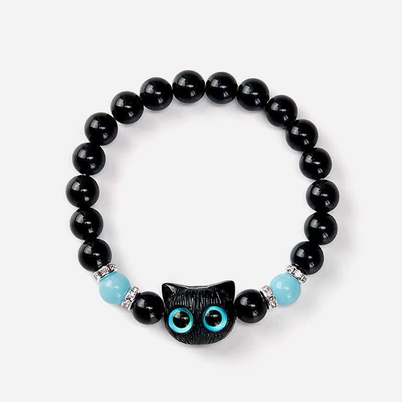 Buddha Stones Schwarzes Obsidian-Armband mit niedlicher Katze mit großen Augen zum Schutz der Katze, verziert mit Perlen - image 21