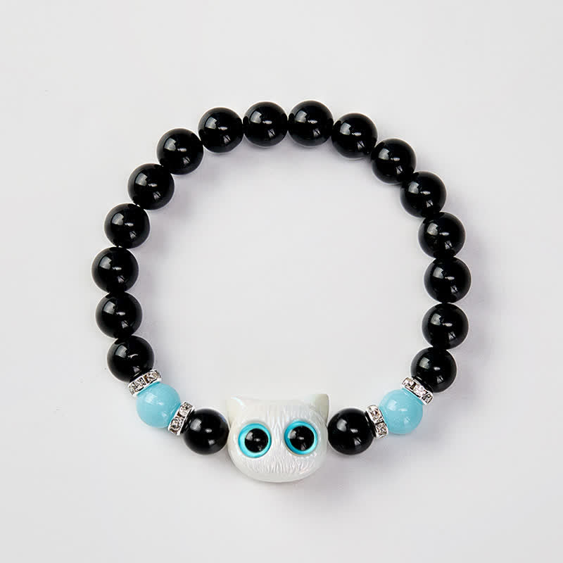 Buddha Stones Schwarzes Obsidian-Armband mit niedlicher Katze mit großen Augen zum Schutz der Katze, verziert mit Perlen - image 11