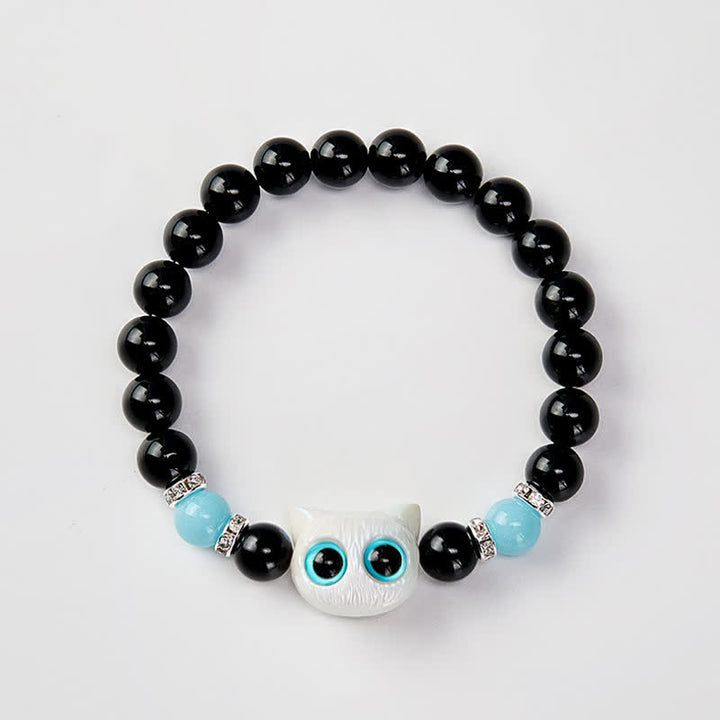 Buddha Stones Schwarzes Obsidian-Armband mit niedlicher Katze mit großen Augen zum Schutz der Katze, verziert mit Perlen - image 11