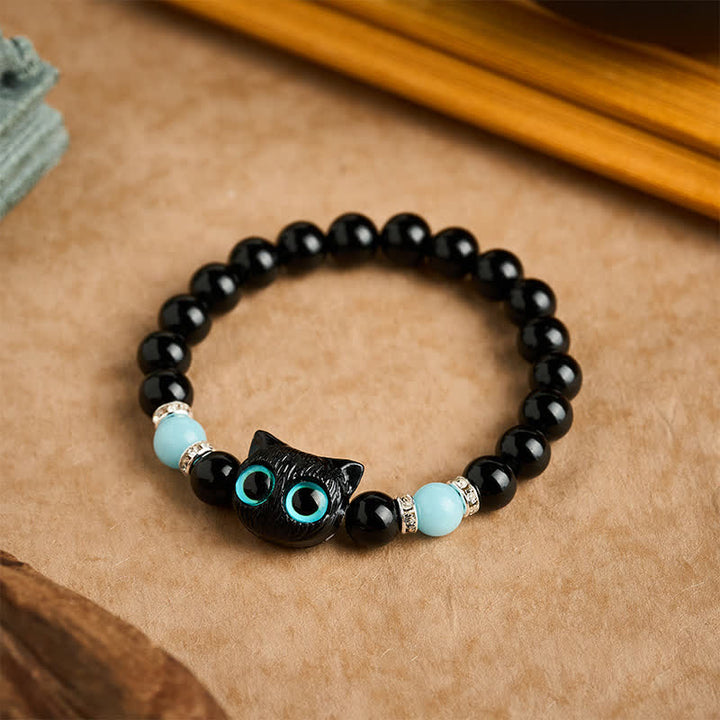 Buddha Stones Schwarzes Obsidian-Armband mit niedlicher Katze mit großen Augen zum Schutz der Katze, verziert mit Perlen - image 18