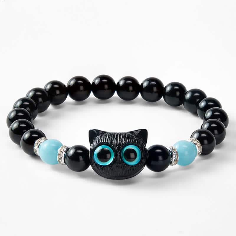 Buddha Stones Schwarzes Obsidian-Armband mit niedlicher Katze mit großen Augen zum Schutz der Katze, verziert mit Perlen - image 22