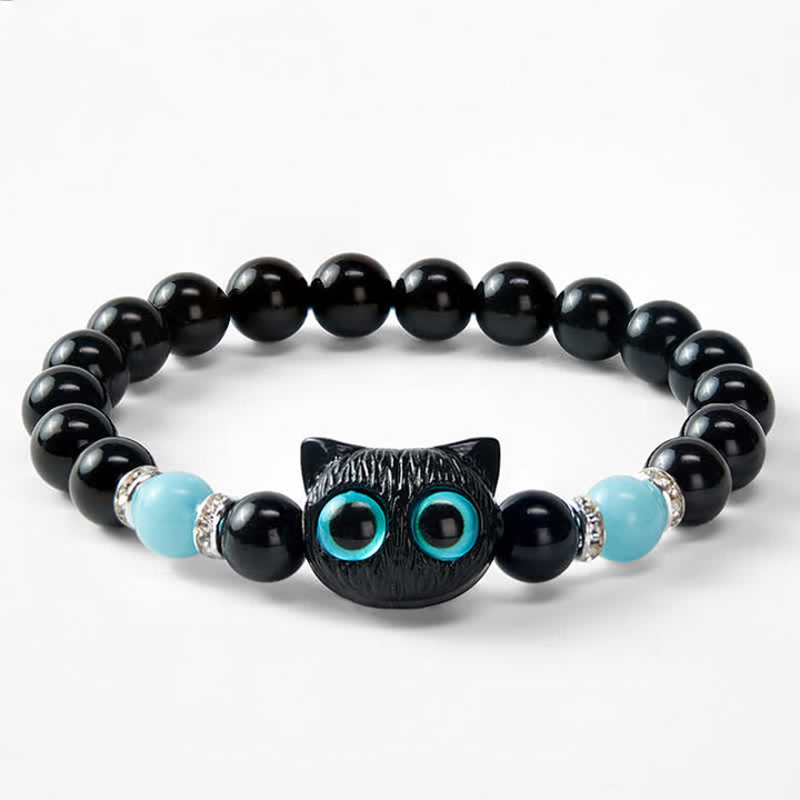 Buddha Stones Schwarzes Obsidian-Armband mit niedlicher Katze mit großen Augen zum Schutz der Katze, verziert mit Perlen - image 22