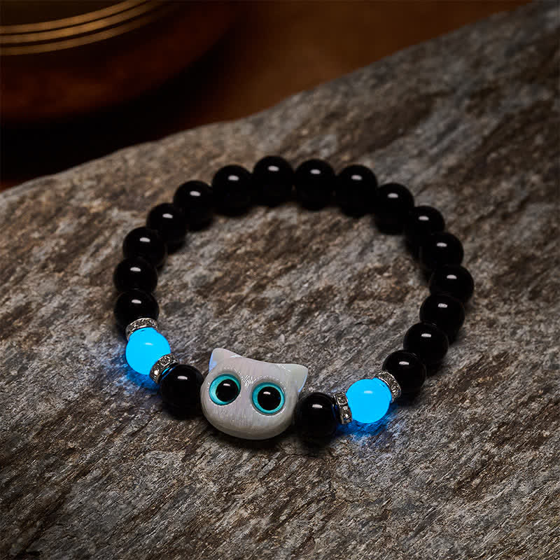 Buddha Stones Schwarzes Obsidian-Armband mit niedlicher Katze mit großen Augen zum Schutz der Katze, verziert mit Perlen - image 9