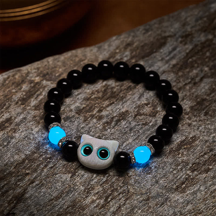 Buddha Stones Schwarzes Obsidian-Armband mit niedlicher Katze mit großen Augen zum Schutz der Katze, verziert mit Perlen - image 9