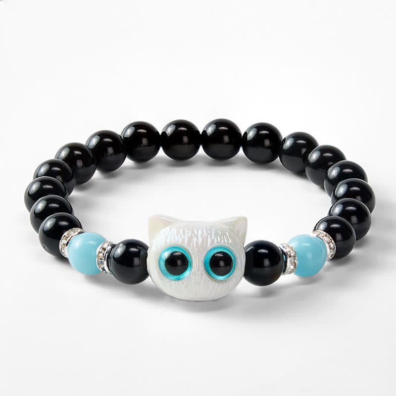 Buddha Stones Schwarzes Obsidian-Armband mit niedlicher Katze mit großen Augen zum Schutz der Katze, verziert mit Perlen - image 12