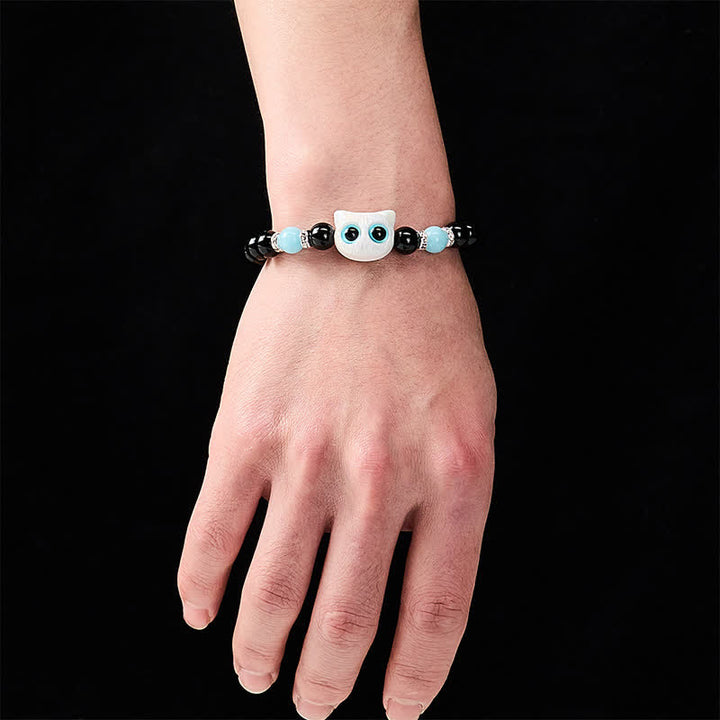 Buddha Stones Schwarzes Obsidian-Armband mit niedlicher Katze mit großen Augen zum Schutz der Katze, verziert mit Perlen - image 5