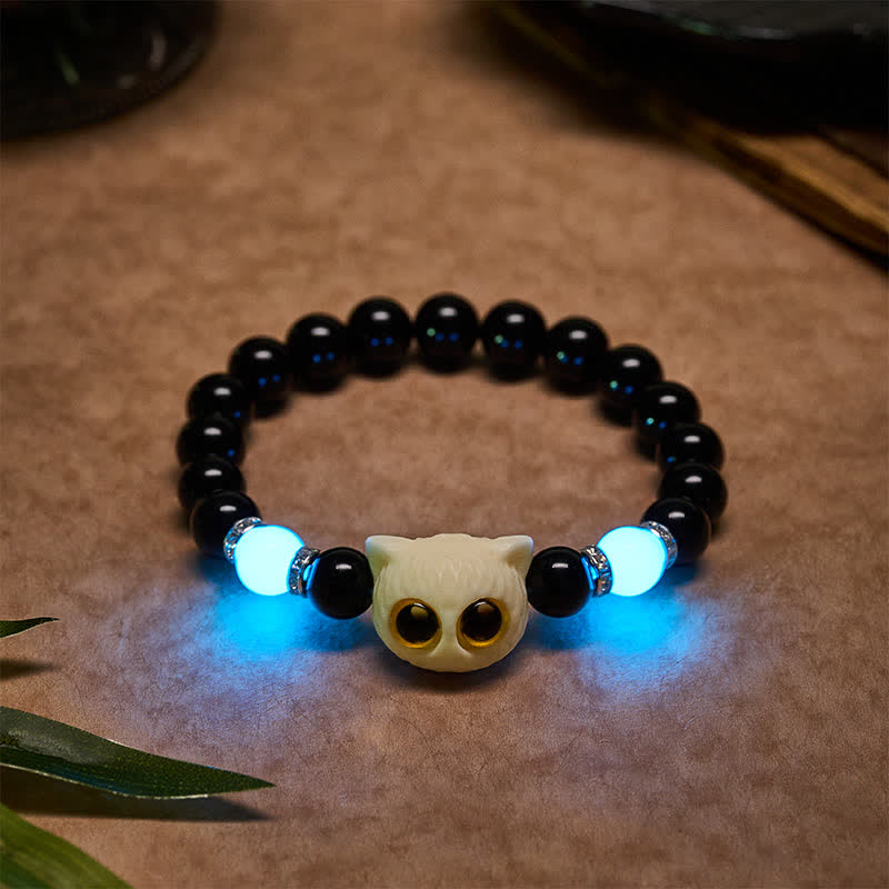 Buddha Stones Schwarzes Obsidian-Armband mit handgeschnitztem Relief einer Katze mit großem Auge - Weiße Katze (Handgelenkumfang: 15–16 cm) - Schwarzer Obsidian (Reinigung ♥ Stärke) - image 15