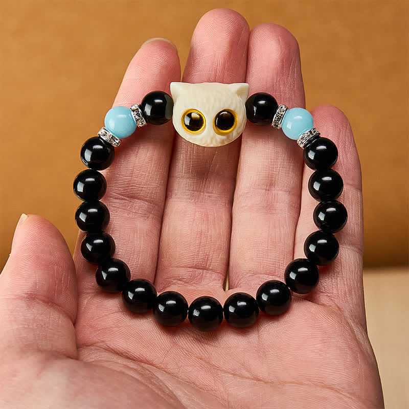Buddha Stones Schwarzes Obsidian-Armband mit handgeschnitztem Relief einer Katze mit großem Auge - image 22